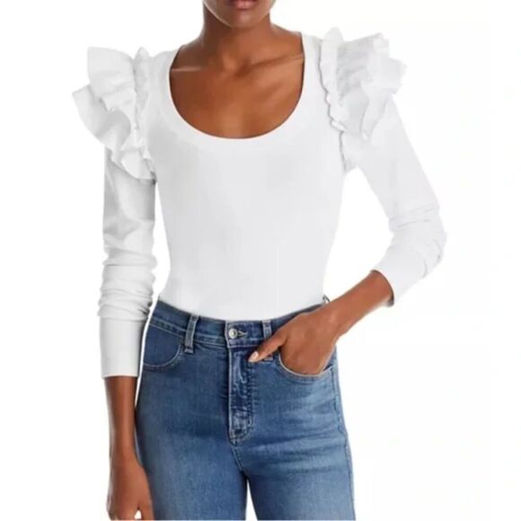Veronica Beard Avedon Top White Ruffle Long Sleeve Ribbed top XS NWT 228 IRRG - Picture 7 of 15